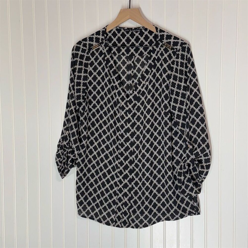 Zac & Rachel Blouse L Black White Geometric Print Zip Shoulder V-Neck Career Top